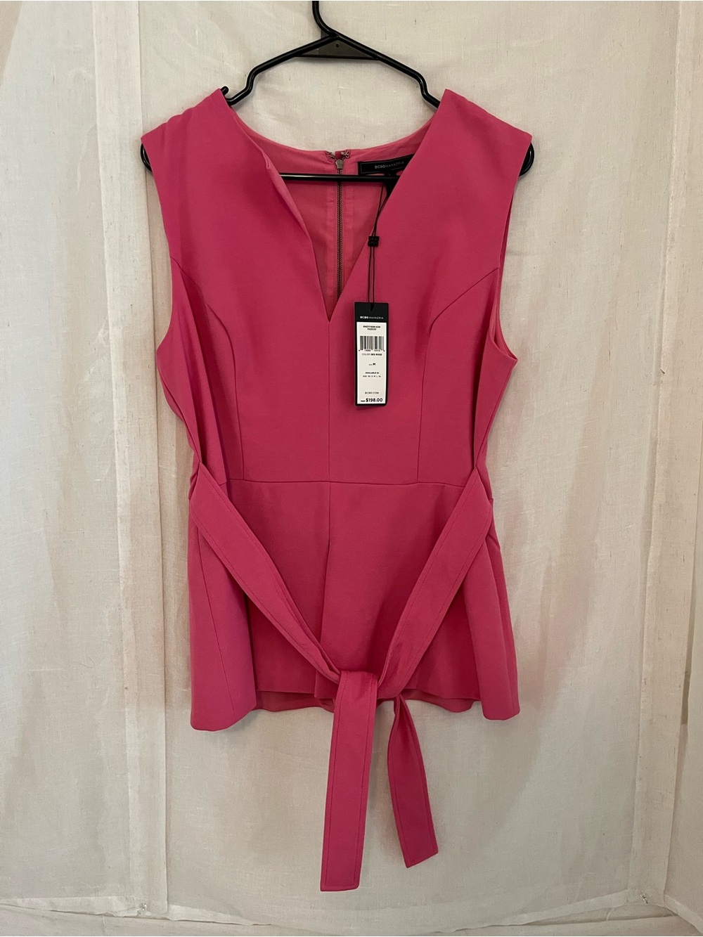 BCBGMaxAzria Hot Pink Sleeveless Tie-Waist Peplum Tunic